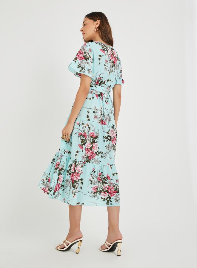 تايك تو فستان ميدي نسائي أزرق بطبعات زهور وكشكش وربطة خصر - Image 4