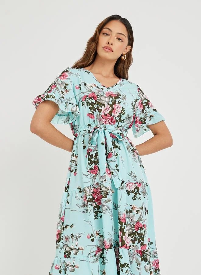 Take Two Take Two Women Blue Floral Print Ruffle Trim A-Line Midi Dress with Tie Waist