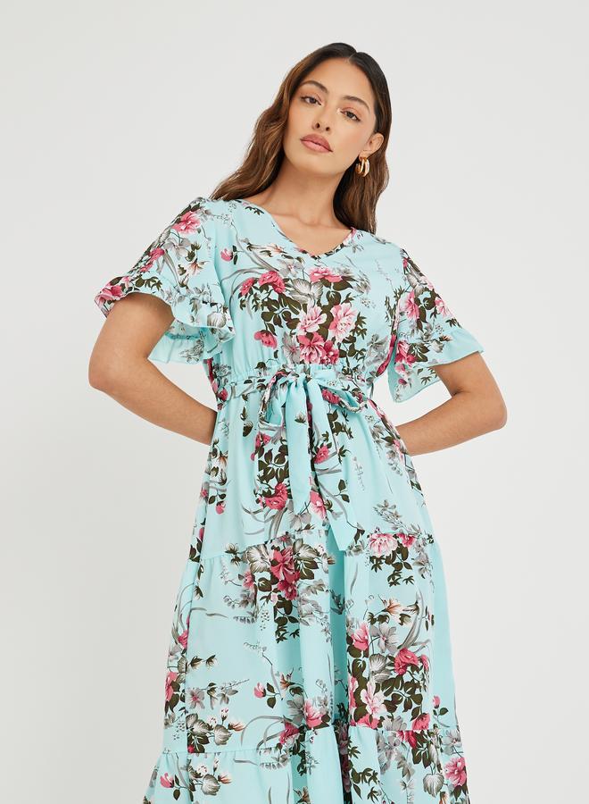 تايك تو فستان ميدي نسائي أزرق بطبعات زهور وكشكش وربطة خصر - Image 2