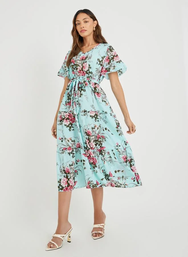 Take Two Take Two Women Blue Floral Print Ruffle Trim A-Line Midi Dress with Tie Waist