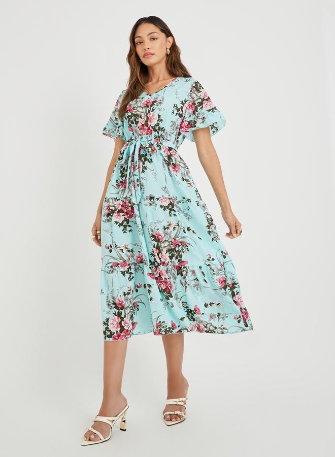 تايك تو فستان ميدي نسائي أزرق بطبعات زهور وكشكش وربطة خصر - Image 1