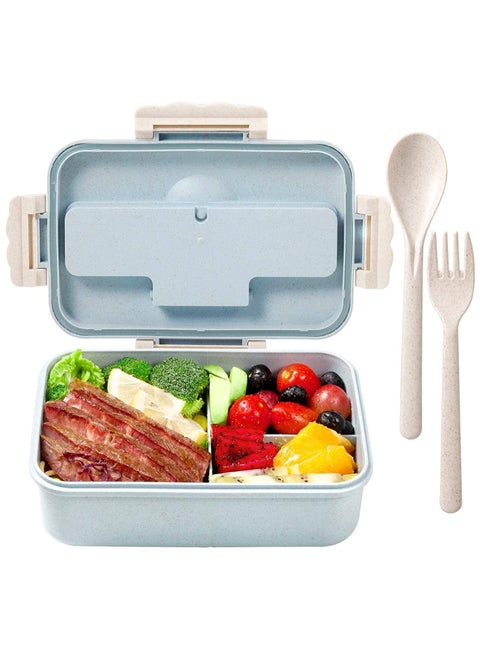 Bento Box for Adults Lunch Containers for Kids 3 Compartment Food Bundle Divider Leak Proof Microwave Safe with Utensils spoon and fork(Flatware Included, Nordic Blue)