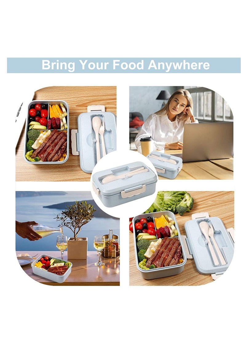 Bento Box for Adults Lunch Containers for Kids 3 Compartment Food Bundle Divider Leak Proof Microwave Safe with Utensils spoon and fork(Flatware Included, Nordic Blue)