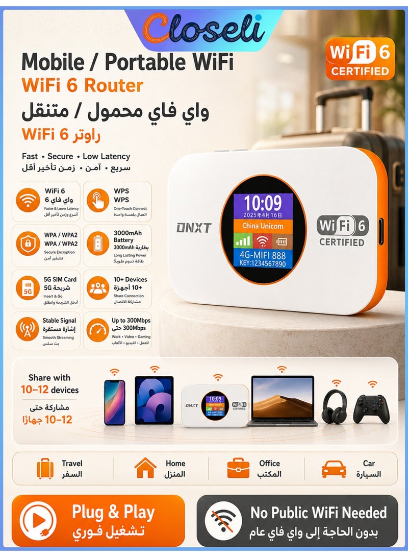 Closeli 4G Pocket WiFi Router,WiFi Portable Router, CPE Wireless Router,4G LTE Modem, WiFi 6, Date & Battery Level Display, Plug & Play, 3000mAh Battery, One-Touch WPS Connection, WPA/WPA2 Security Encryption,Up to 12 Devices,for Travel, Game & Home Use(White) - Image 1
