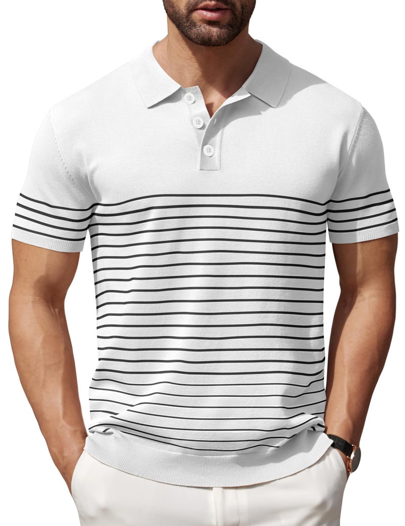 COOFANDY Mens Polo Shirts Striped Knitting Golf Shirts Lightweight Short Sleeves Shirts, White, Medium - Image 1