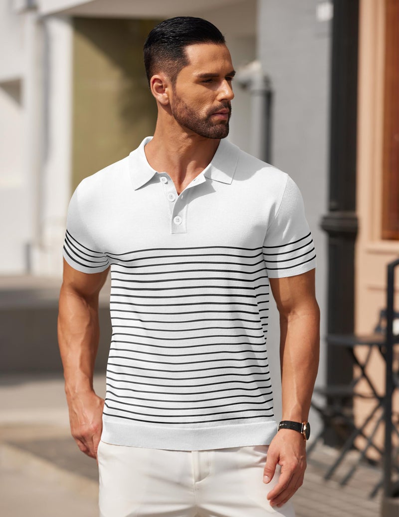 COOFANDY Mens Polo Shirts Striped Knitting Golf Shirts Lightweight Short Sleeves Shirts, White, Medium - Image 2