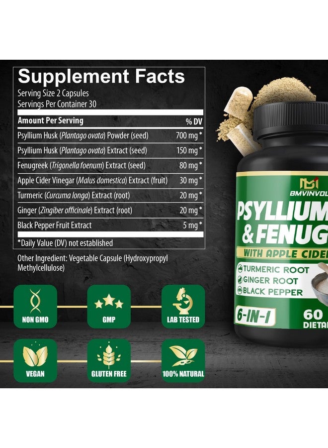 BMVINVOL BMVINVOL Psyllium Husk Fiber Supplement t with Fenugreek, Apple Cider Vinegar, Turmeric, Ginger, Black Pepper- Digestion Health Support - 60 Capsules - Image 2