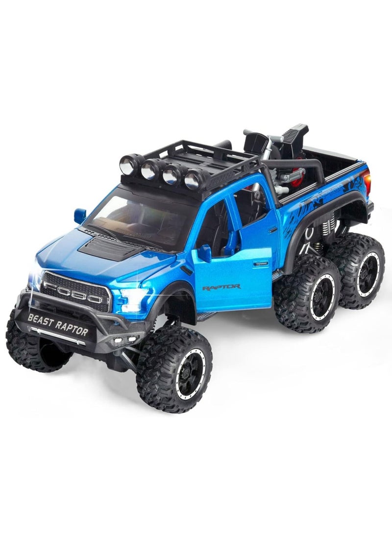 Swift 1:28 Scale Die-Cast Metal Toy Car Ford F150 with Sound and Light, Pickup Truck and Trailer Cars Toy Cars with Sports Bike for 3+ Year Old Boys, Blue  - Image 1
