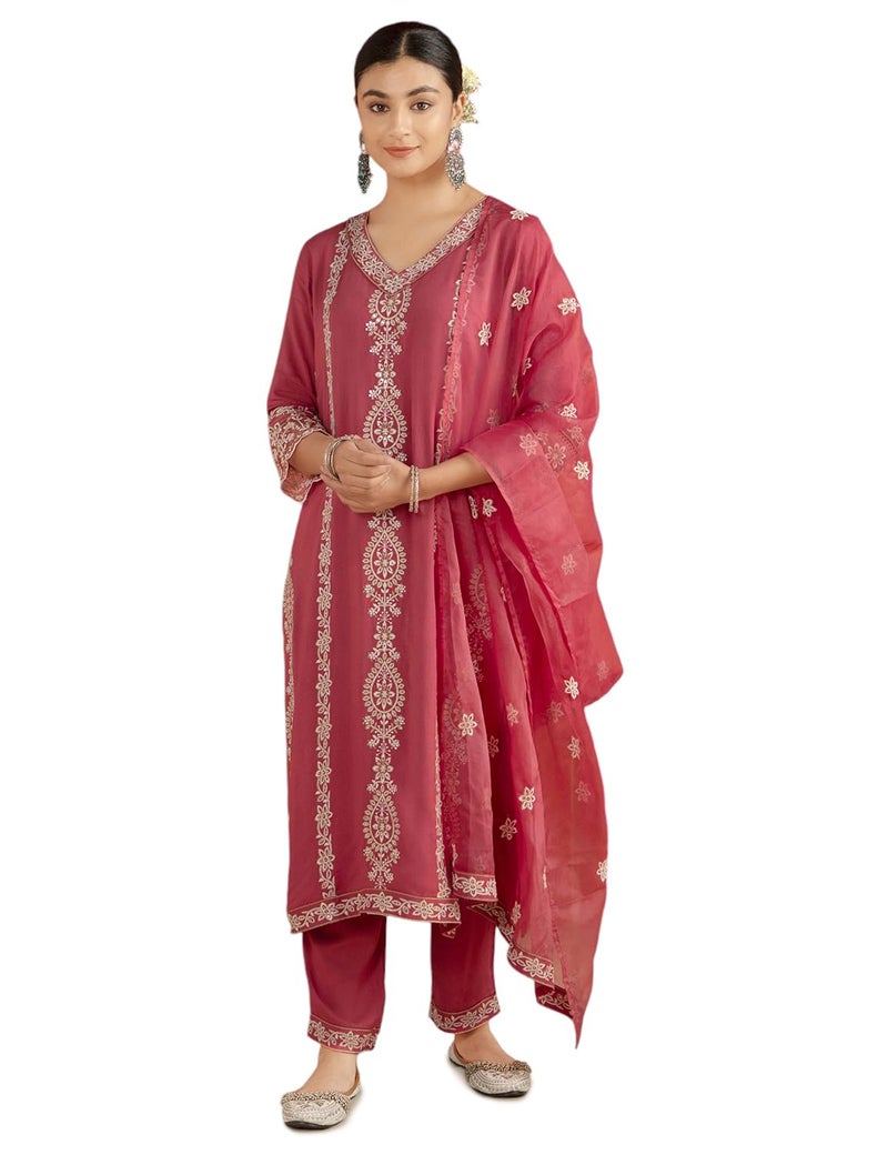 Kaari Rayon Staple 3 PCS Women Kurta Set (KAAAW26WSKD-82026_Rozaana Pink_XL) - Image 4