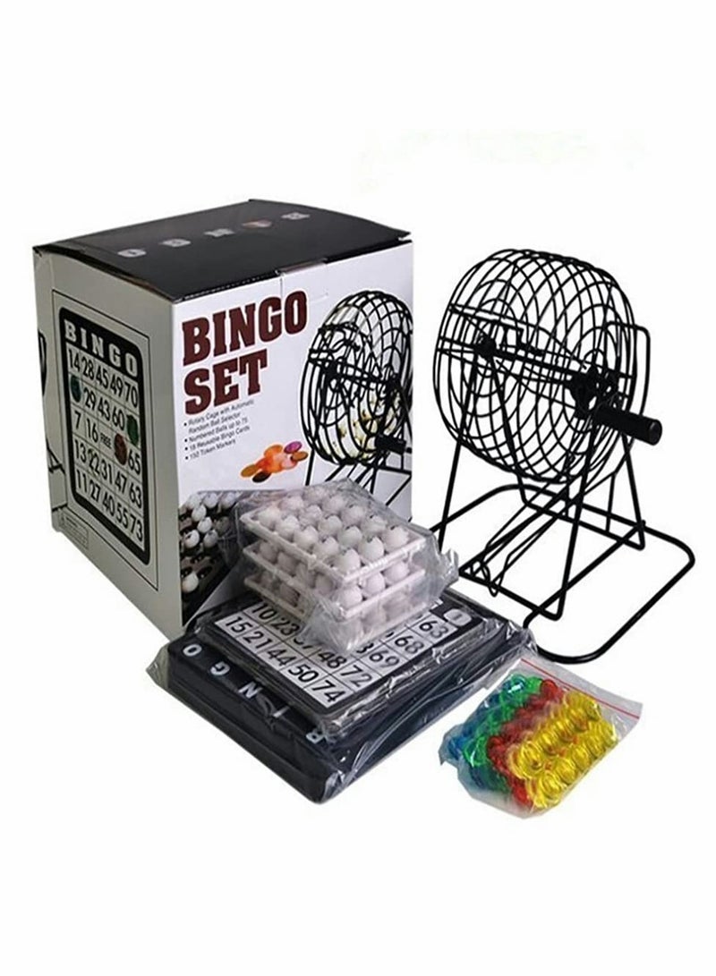 Bingo Game Set with 8 Inch Metal Round Cage, Plastic Masterboard, 75 pcs Balls, Cards and Bingo Chips  - Image 1