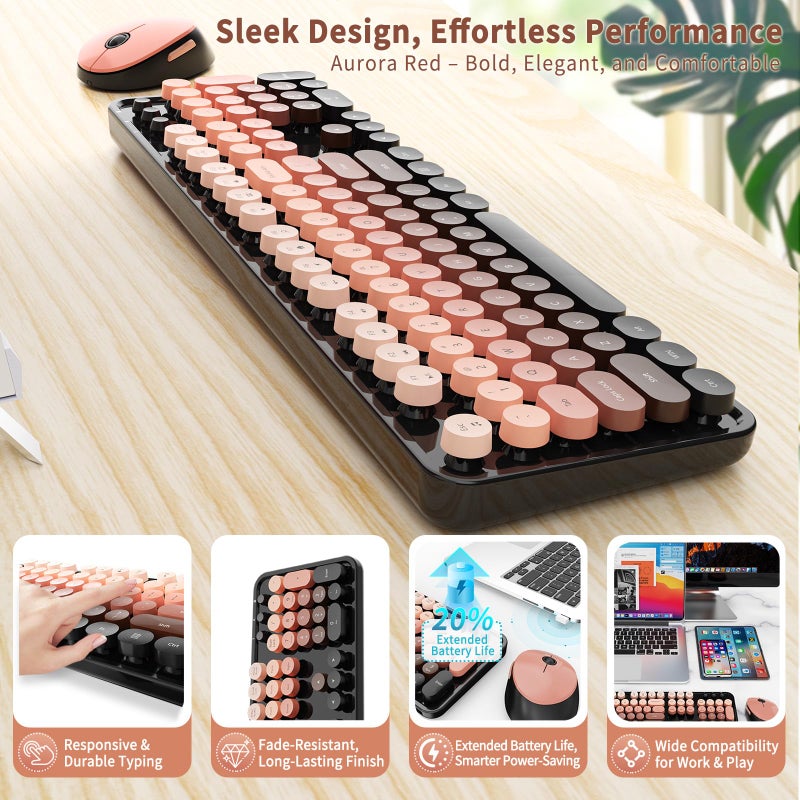 Nowlike Wireless Keyboard and Mouse Combo, Retro Typewriter Keyboard with Round Keycaps, Full-Size Ergonomic, Aurora Red, Ideal for Windows PC, Home, Office, and College - Image 4