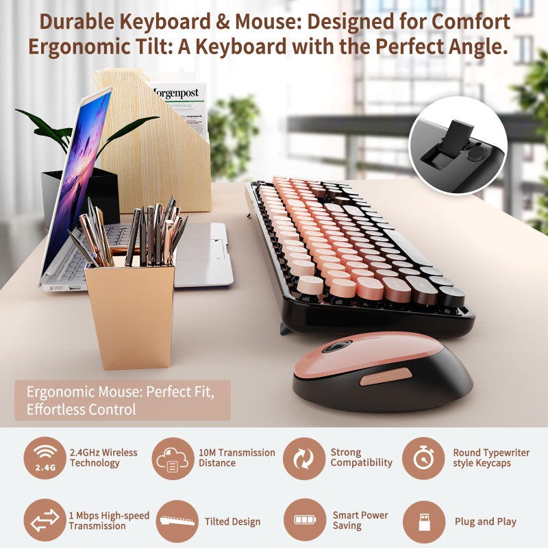 Nowlike Wireless Keyboard and Mouse Combo, Retro Typewriter Keyboard with Round Keycaps, Full-Size Ergonomic, Aurora Red, Ideal for Windows PC, Home, Office, and College - Image 5