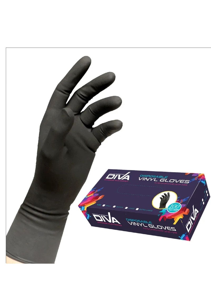 Diva Diva Disposable Vinyl Gloves – Black, Medium Size, Powder-Free, Durable and Comfortable (100pcs) 