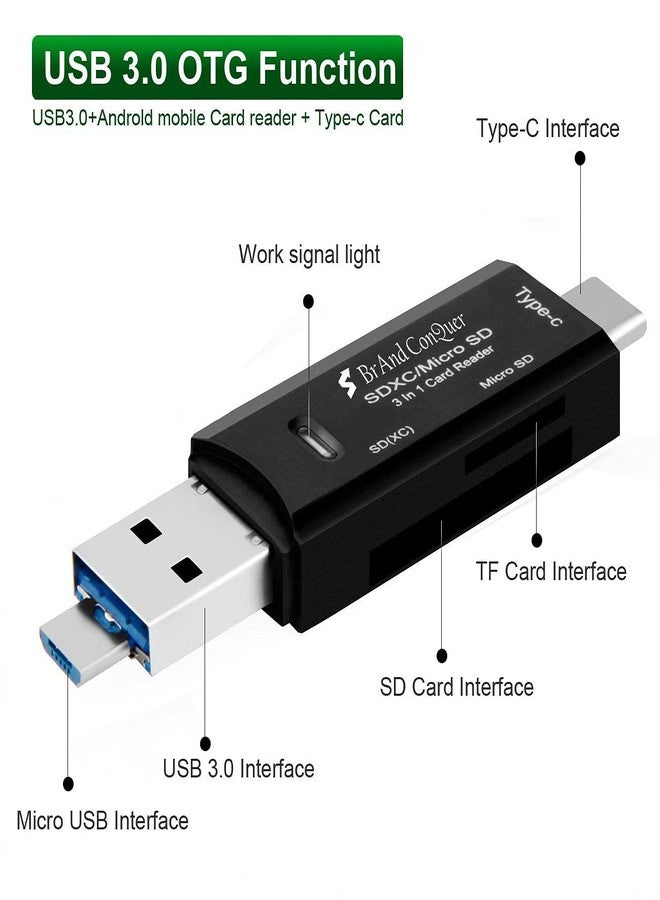 براند كونكور قارئ بطاقات الذاكرة 3 في 1 من براند كونكر | منفذ USB من النوع C، منفذ USB 3.0، منفذ Micro USB، يدعم OTG | قارئ بطاقات محمول | متوافق مع بطاقات TF، SD، Micro SD، SDHC، SDXC، MMC، RS-MMC، Micro SDXC - Image 4