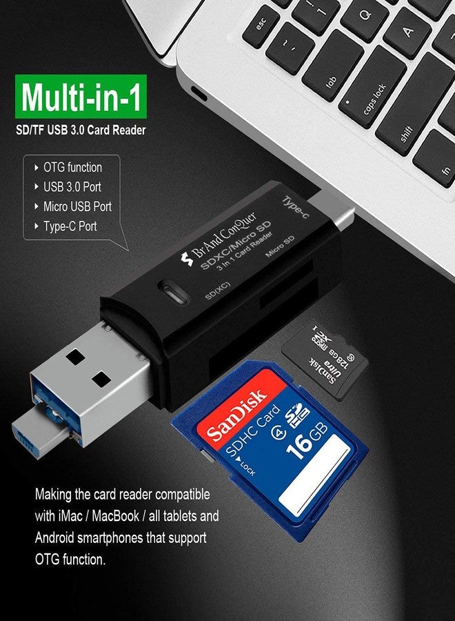براند كونكور قارئ بطاقات الذاكرة 3 في 1 من براند كونكر | منفذ USB من النوع C، منفذ USB 3.0، منفذ Micro USB، يدعم OTG | قارئ بطاقات محمول | متوافق مع بطاقات TF، SD، Micro SD، SDHC، SDXC، MMC، RS-MMC، Micro SDXC - Image 2