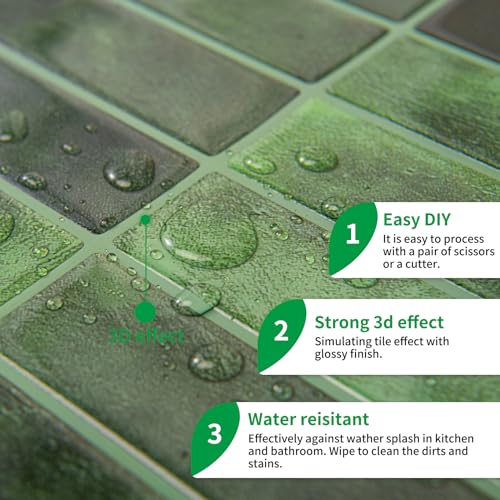 LONGKING Green Peel and Stick Backsplash Tiles for Kitchen Wall, Wall Tiles, 11.4" x 9" - Image 3