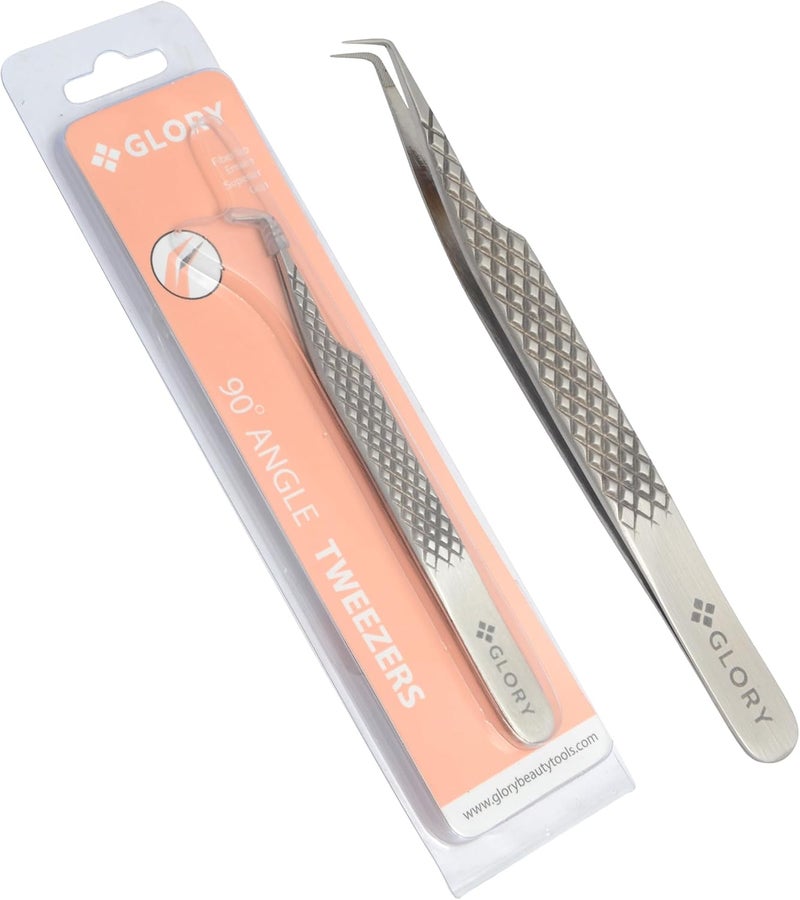 Glory 90 Degree Lash Tweezers for Eyelash Extensions Fiber Tips Superior NonSlip Diamond Grip Professional Mega Volume Tweezers