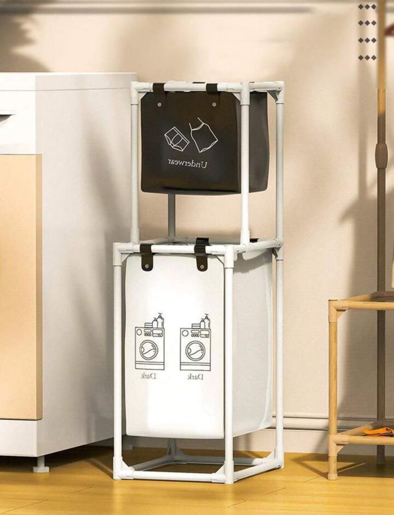 Laundry Hamper Divided Compartments, Laundry Basket with Lockable Rolling Wheels and Removable Bag for Clothes Storage and Organization (2 Tiers - 2 Sections) - Image 2