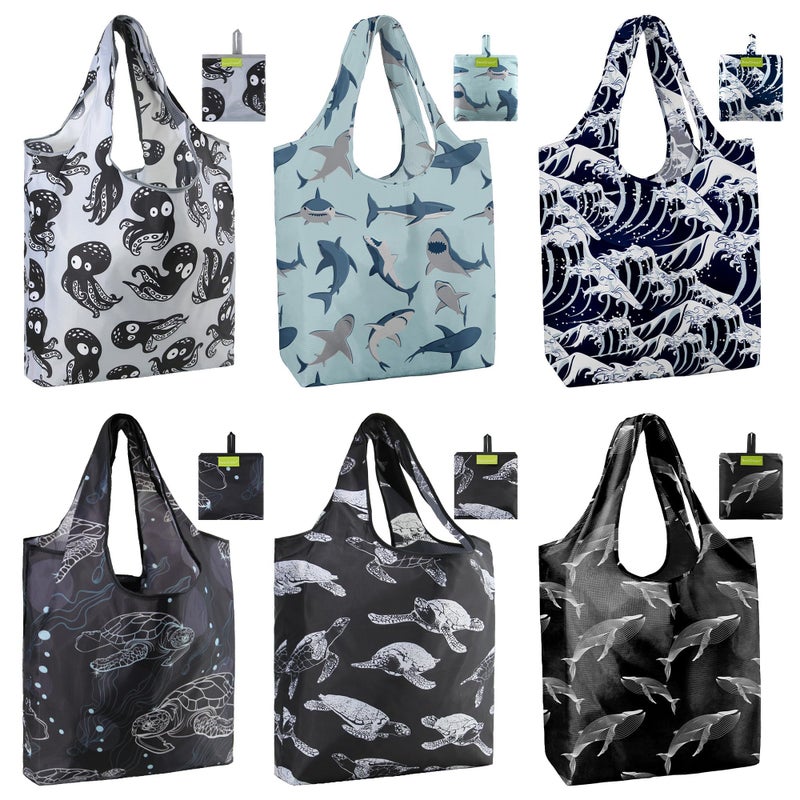 BeeGreen Animal Lover Reusable Grocery Bags | Foldable Tote Bags with Handles, Reusable Gift Bulk 6 Set for Women, Heavy Duty Washable Polyester Travel & Shopping Basket, Black, Gray, Blue - Image 1