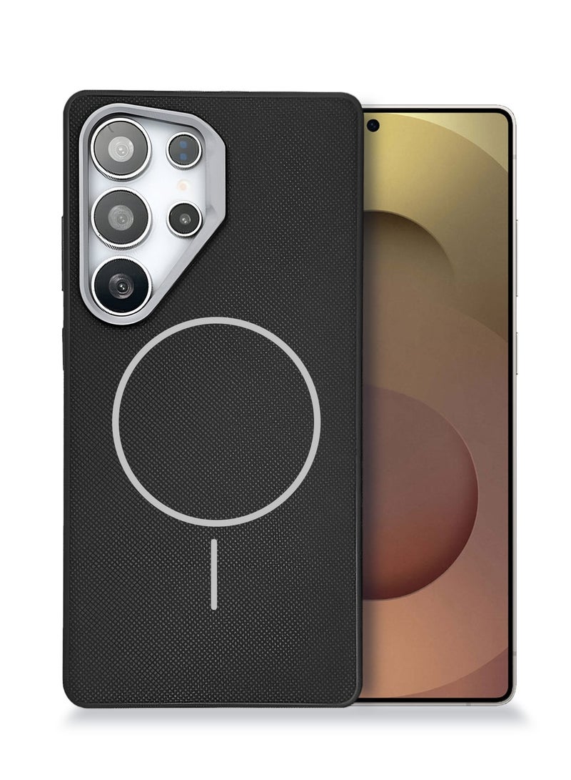 Wtech Samsung Galaxy S25 Ultra 5G 2025 Vegan Leather Phone Case, Protective Cover with Soft Touch, Elegant Design, Scratch Protection with Thin Magsafe Case Cover (MCMPMN) - Black - Image 1