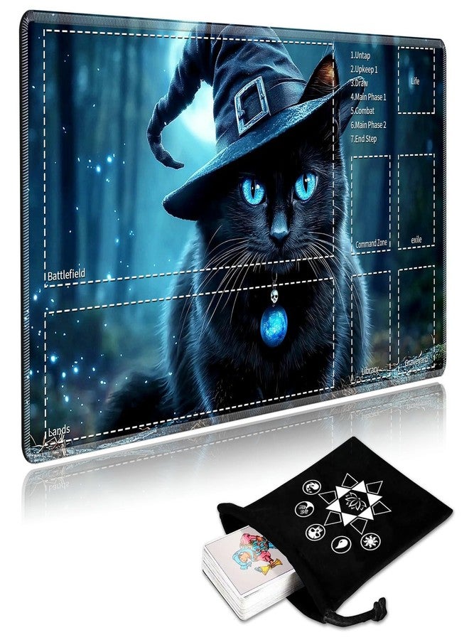SichKards MTG Playmat with Play Zones,Black Cat Design - 24x14 Professional TCG Game Mat with Stitched Edges & Storage Bag,Non-Slip Rubber Base, for Magic The Gathering Players - Image 1