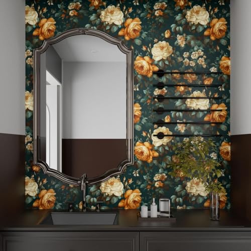 Fvlow Glowing Floral Peel and Stick Wallpaper Vintage Dark Green Wallpaper Vinyl Wrap Kitchen Worktop Covering Self Adhesive Thick Flowers Contact Paper for Cabinets Drawers Sticker Decor 17.4" x 394" - Image 5