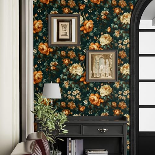 Fvlow Glowing Floral Peel and Stick Wallpaper Vintage Dark Green Wallpaper Vinyl Wrap Kitchen Worktop Covering Self Adhesive Thick Flowers Contact Paper for Cabinets Drawers Sticker Decor 17.4" x 394" - Image 2