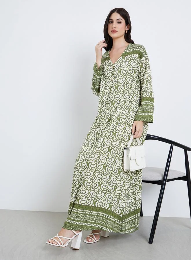 أميرة جلابية نسائية خضراء طويلة بطبعة حدود