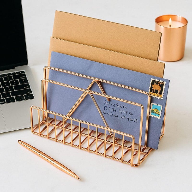 CentraLit File & Magazine Holder - Book Shelf Organiser Small book shelf for table Metal Letter Organiser with 3 Compartments,Letter Document Sorter (Rose Gold),Free Standing,Accent Shelf - Image 5