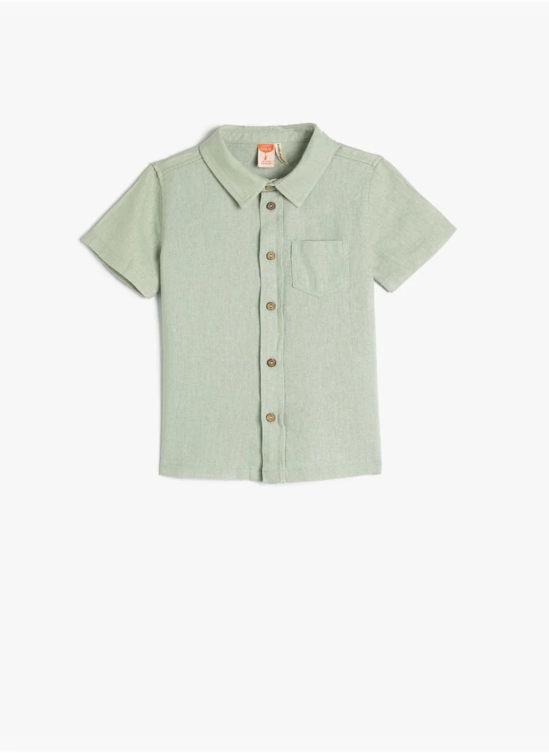 كوتون Shirt Linen Blend Short Sleeve Single Pocket Detail