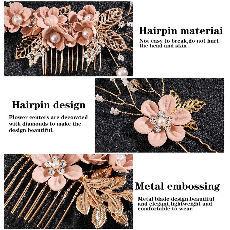 BOWINR 4 Pcs Wedding Hair Comb Pearl Crystal Bride Rose Gold Hair Accessories Hair Side Comb Clips Flower Rhinestone Head Pieces for Bridesmaid Women and Girls - Image 3