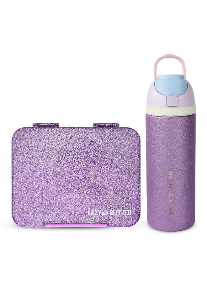 Eazy Kids Convertible Bento Lunch Box w/ Glitter Stainless Steel Water Bottle 720ml – Glitter Purple