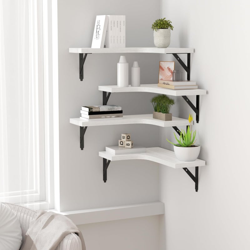 ROMGUAR CRAFT Corner Floating Shelves Wall Mounted Set of 4, Rustic Wood Storage Display Wall Shelves for Home Decor, Bathroom, Kitchen, Bedroom, Living Room, Office (White) - Image 5