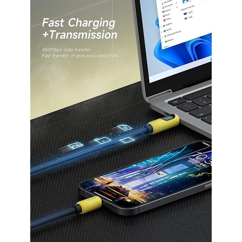 USB C Cable, LED Display Silicone 240W Fast Charging Cable with 480Mbps Data Transfer, Type C Fast Charger for iPhone 15/15 Pro Max, iPad, MacBook Pro Air (Yellow, 2 m) - Image 4