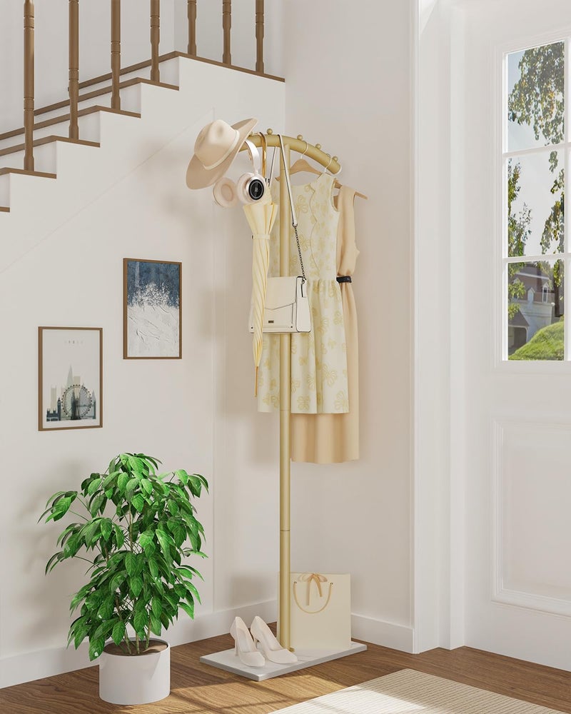 ENUMAIL Arcuate Garment Rack, T-shaped Coat Tree Freestanding, Metal Coat Racks, Natural Stable Rock Base, Suitable For Entrances, Corridors, Halls, 68.9in, Gold - Image 2