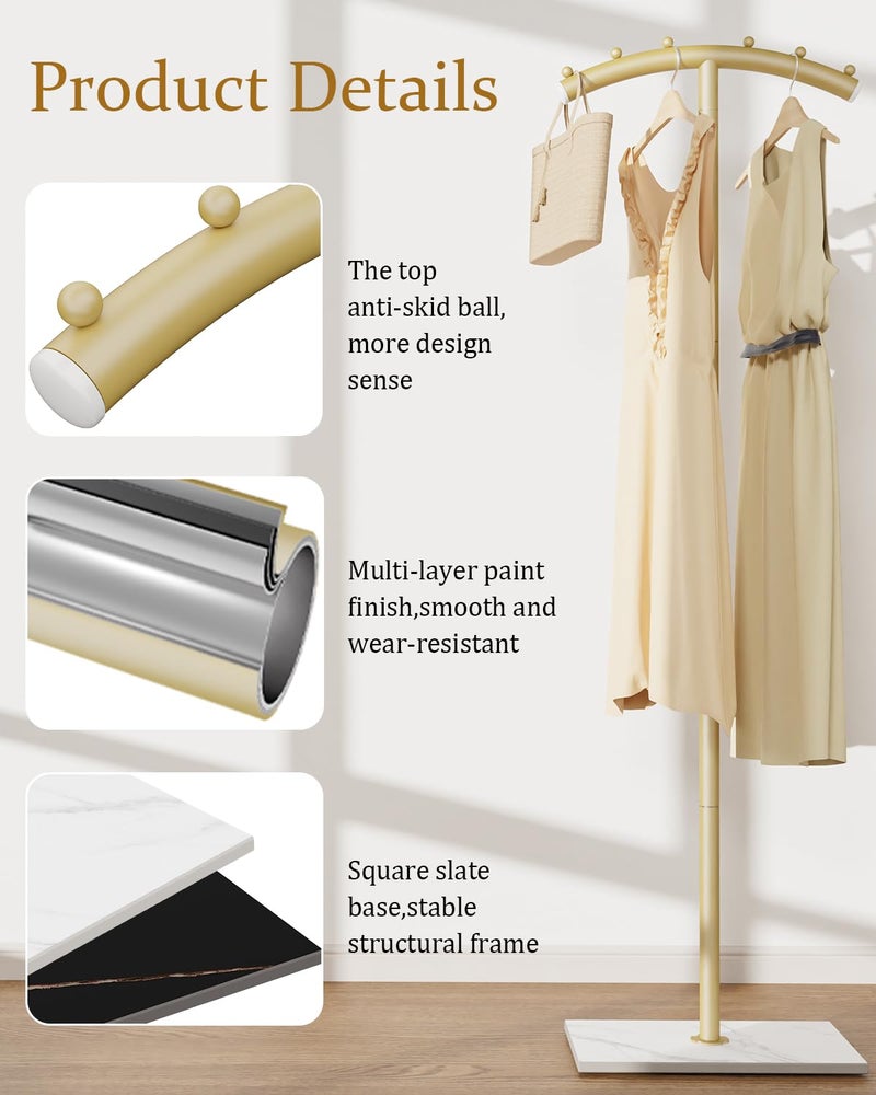 ENUMAIL Arcuate Garment Rack, T-shaped Coat Tree Freestanding, Metal Coat Racks, Natural Stable Rock Base, Suitable For Entrances, Corridors, Halls, 68.9in, Gold - Image 5