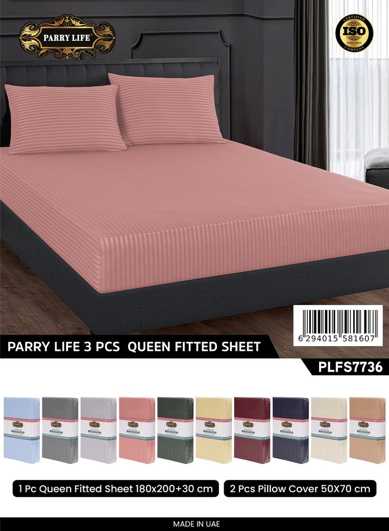 Parry Life 3 Pcs Queen Fitted Sheet Set 180x200+30 cm with 2 Pillow Covers 50x70 cm – Soft Microfiber, Elastic Fit, Striped Design - Image 2