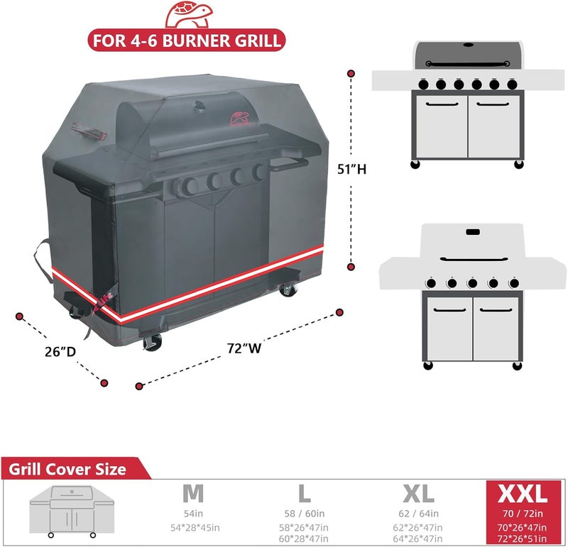 Turtle Life BBQ Grill Cover, 72 Inch Heavy Duty Waterproof 4-6 Burner Barbecue Gas Grill Covers for Weber Genesis Char-Broil Deluxe, Black - Image 2