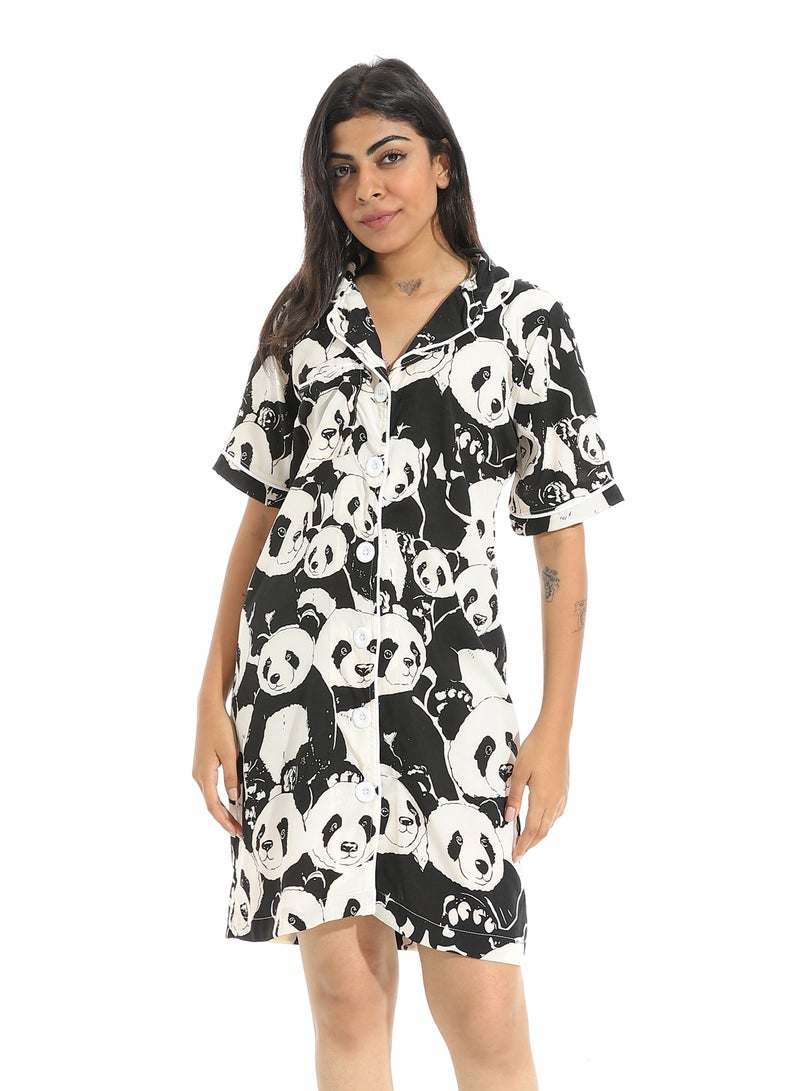 Andora Panda Shapes Half Sleeves with Button Closure Night Gown _ White & Black - Image 1