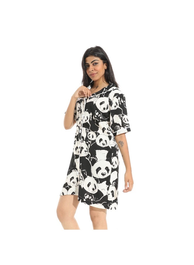 Andora Panda Shapes Half Sleeves with Button Closure Night Gown _ White & Black - Image 2