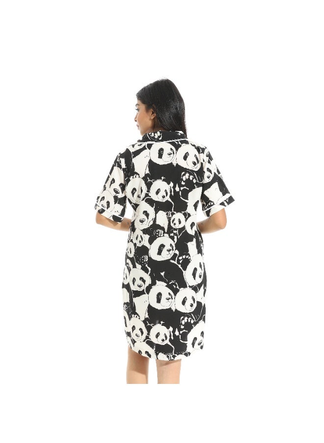 Andora Panda Shapes Half Sleeves with Button Closure Night Gown _ White & Black - Image 3