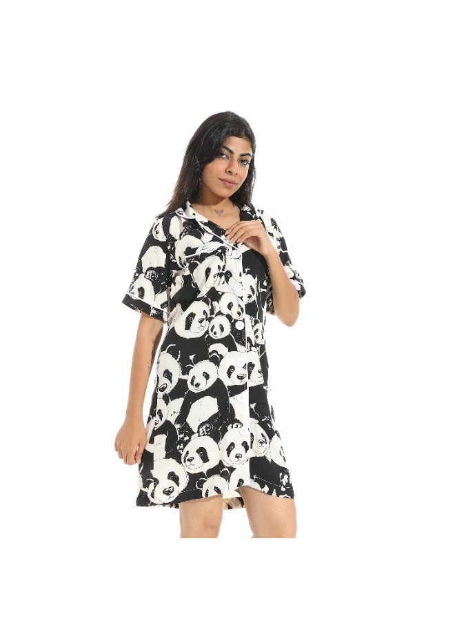 Andora Panda Shapes Half Sleeves with Button Closure Night Gown _ White & Black - Image 4