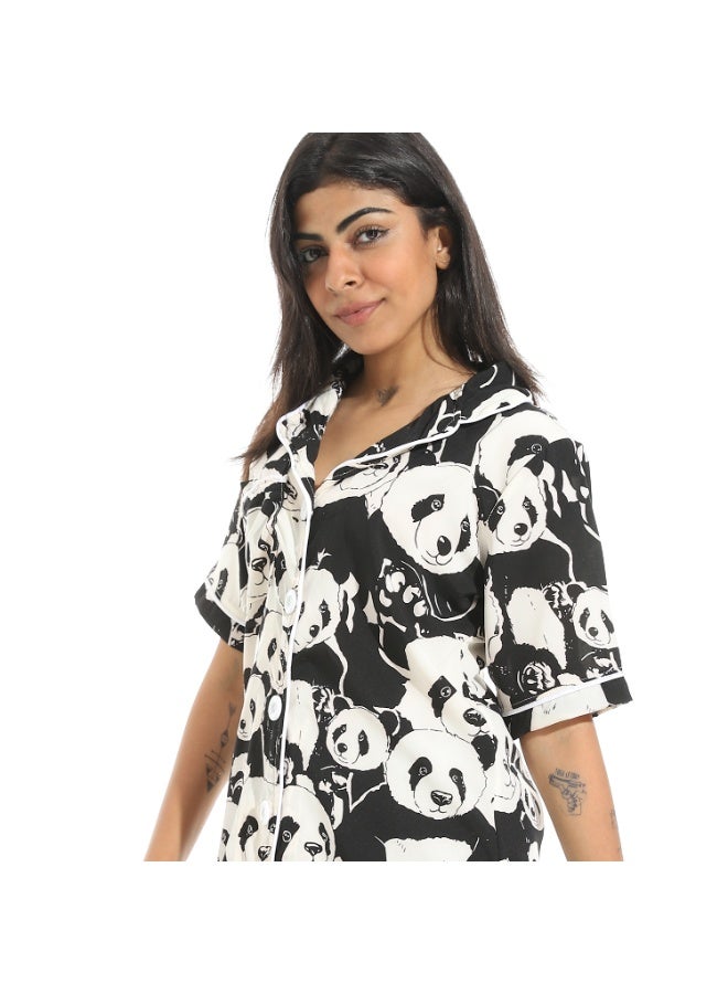 Andora Panda Shapes Half Sleeves with Button Closure Night Gown _ White & Black - Image 5