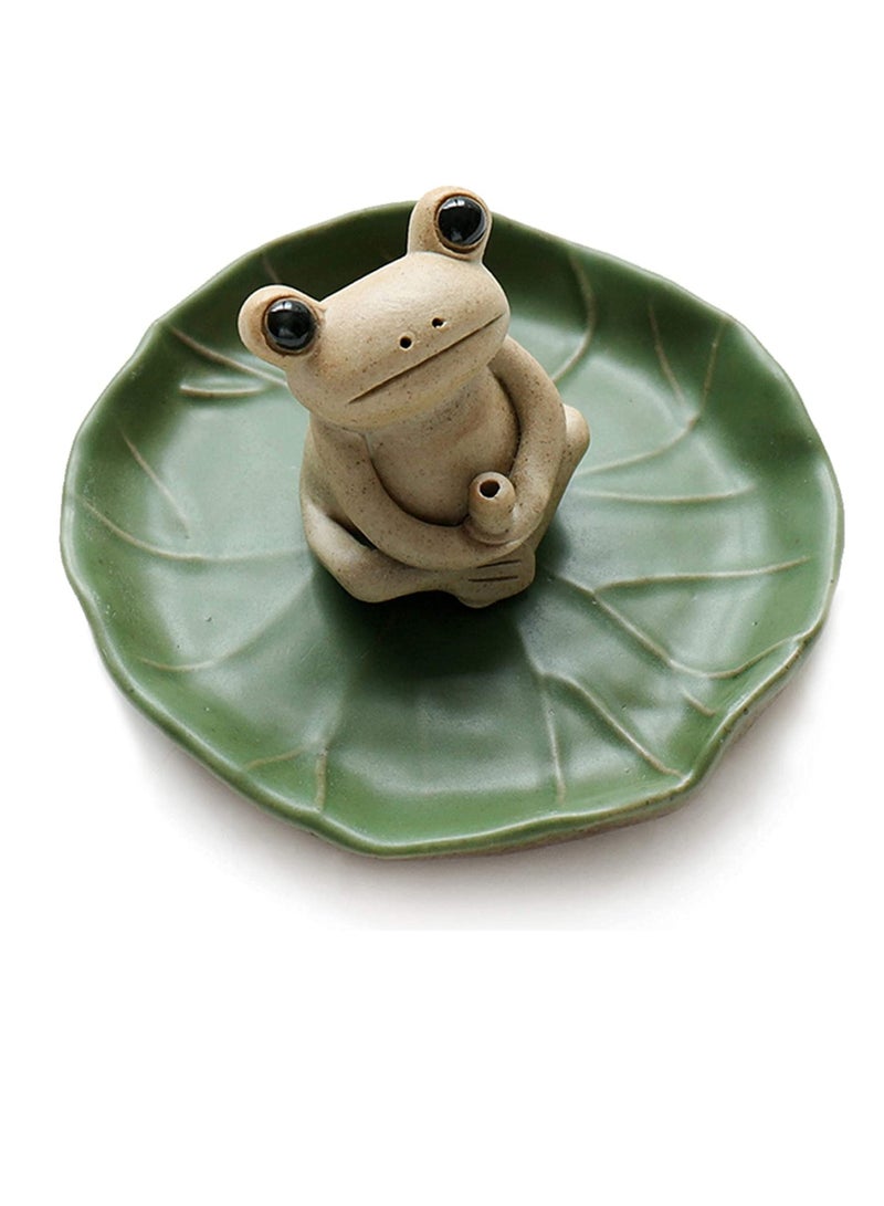 100% Handmade Ceramic Stick Incense Burner Holder, Small Frog Incense Burner, Lotus Leaf Tray, Mini C ute Animal Statue Incense Burner,for Home Yoga Office  - Image 1