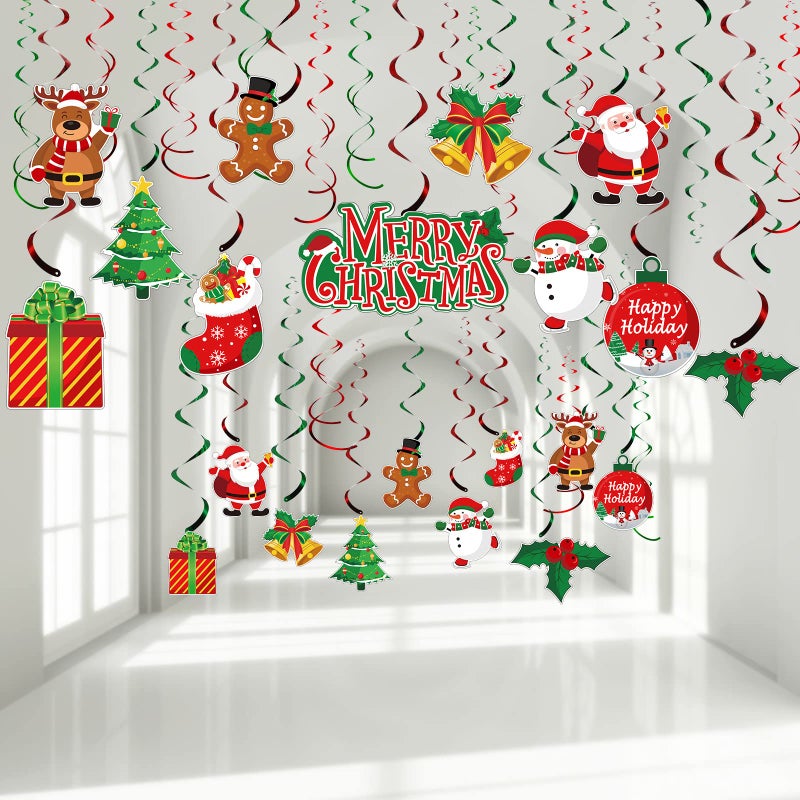 Sumind 30 Pcs Christmas Swirl Ceiling Hanging Decorations Set Xmas Holiday Snowman Elk Sign Hanging Foil Indoor Decorations for Ceiling Xmas Holiday Party Supplies Santa Bell Snowman