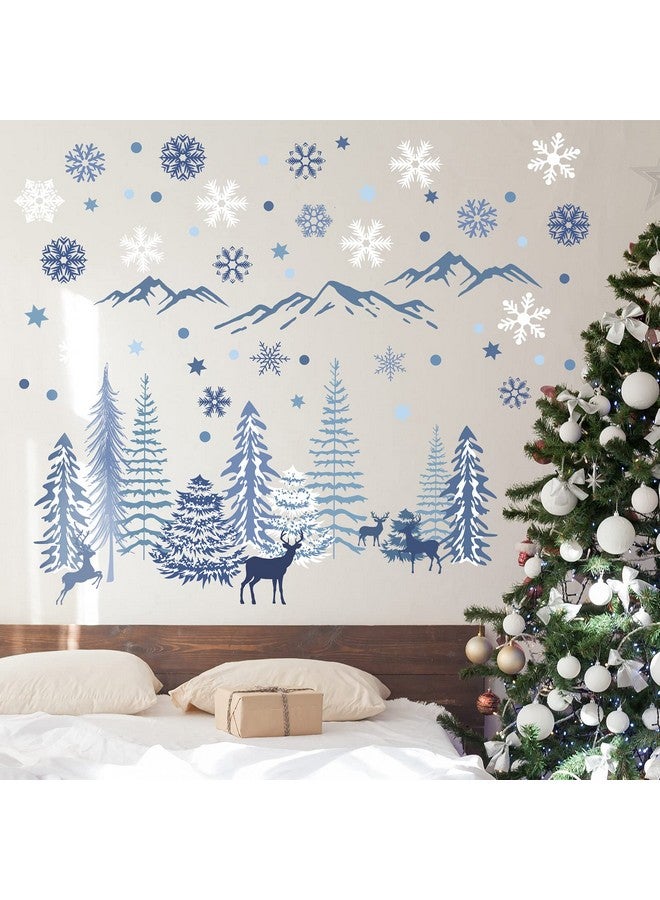 Teling 8 Pieces Winter Forest Wall Stickers Nursery Snowflake Wall Decals Dreamy Forest Wall Stickers Deer Pine Tree Wall Decals Woodland Trees Wall Decals For Kids Room Winter Decor (Blue White Gray) - Image 1