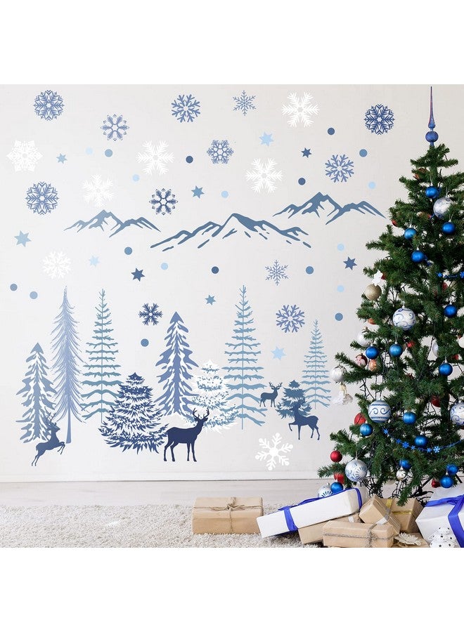 Teling 8 Pieces Winter Forest Wall Stickers Nursery Snowflake Wall Decals Dreamy Forest Wall Stickers Deer Pine Tree Wall Decals Woodland Trees Wall Decals For Kids Room Winter Decor (Blue White Gray) - Image 2
