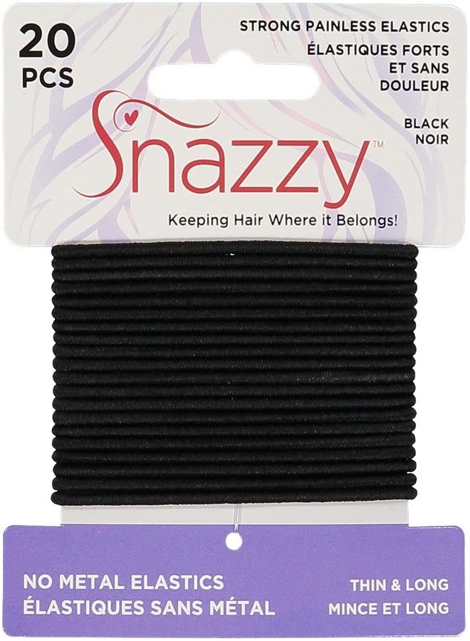 Snazzy Black Hair Bands Thin & Long 20pcs Soft Painless No Damage Hair Elastics Ties Twists 140mm in Length and 2mm in Width Strong Reuseable Yoga 1 Pack 20 per card - Image 1
