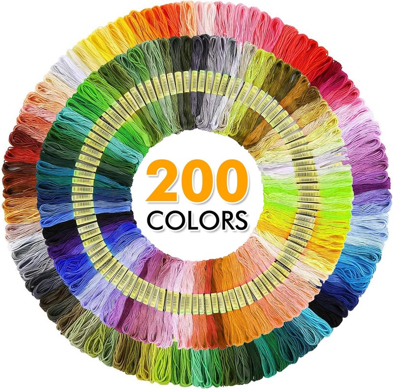 Inscraft 304 مجموعة أدوات التطريز، 200 خيوط ملونة، 5 حلقات تطريز من الخيزران، 2 قطعة قماش أيدا، تعليمات، حقيبة ومجموعة أدوات التطريز المتقاطع، مجموعة أدوات التطريز اليدوي للمبتدئين البالغين - Image 2
