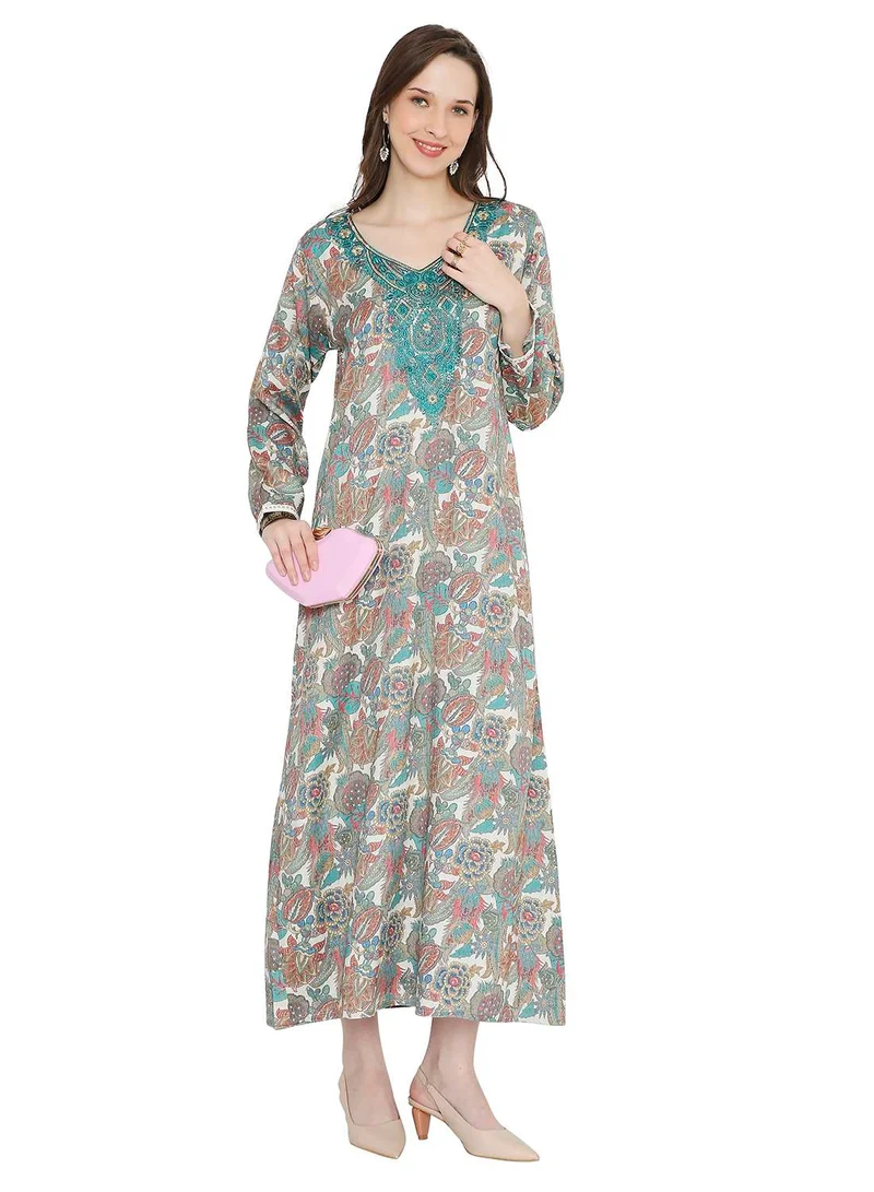 هانا آند سارا MULTICOLOUR ELEGANT FLORAL PRINTED FARASHA JALABIYA WITH UNIQUE THREAD EMBROIDERY